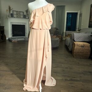 BCBG One-Shoulder Ruffle Dress in Peach